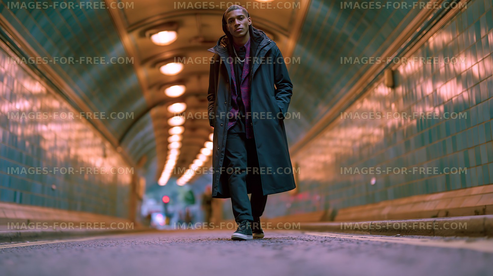 Person walking in urban tunnel with blue tiles at night