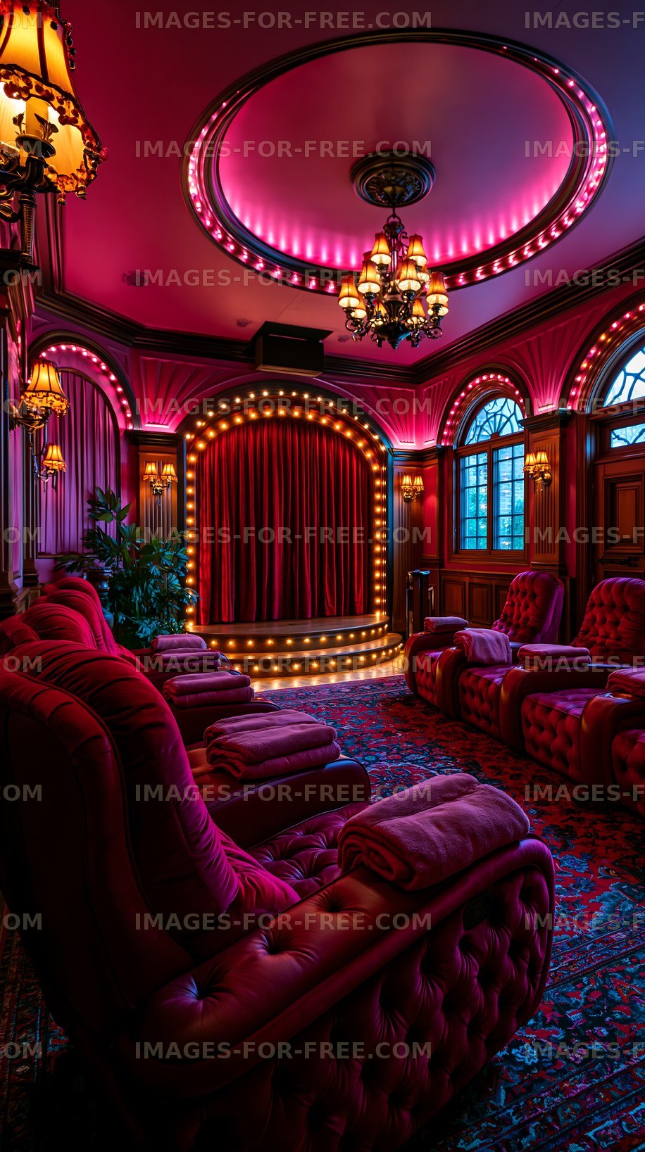 Home theater with red velvet seating and pink lighting