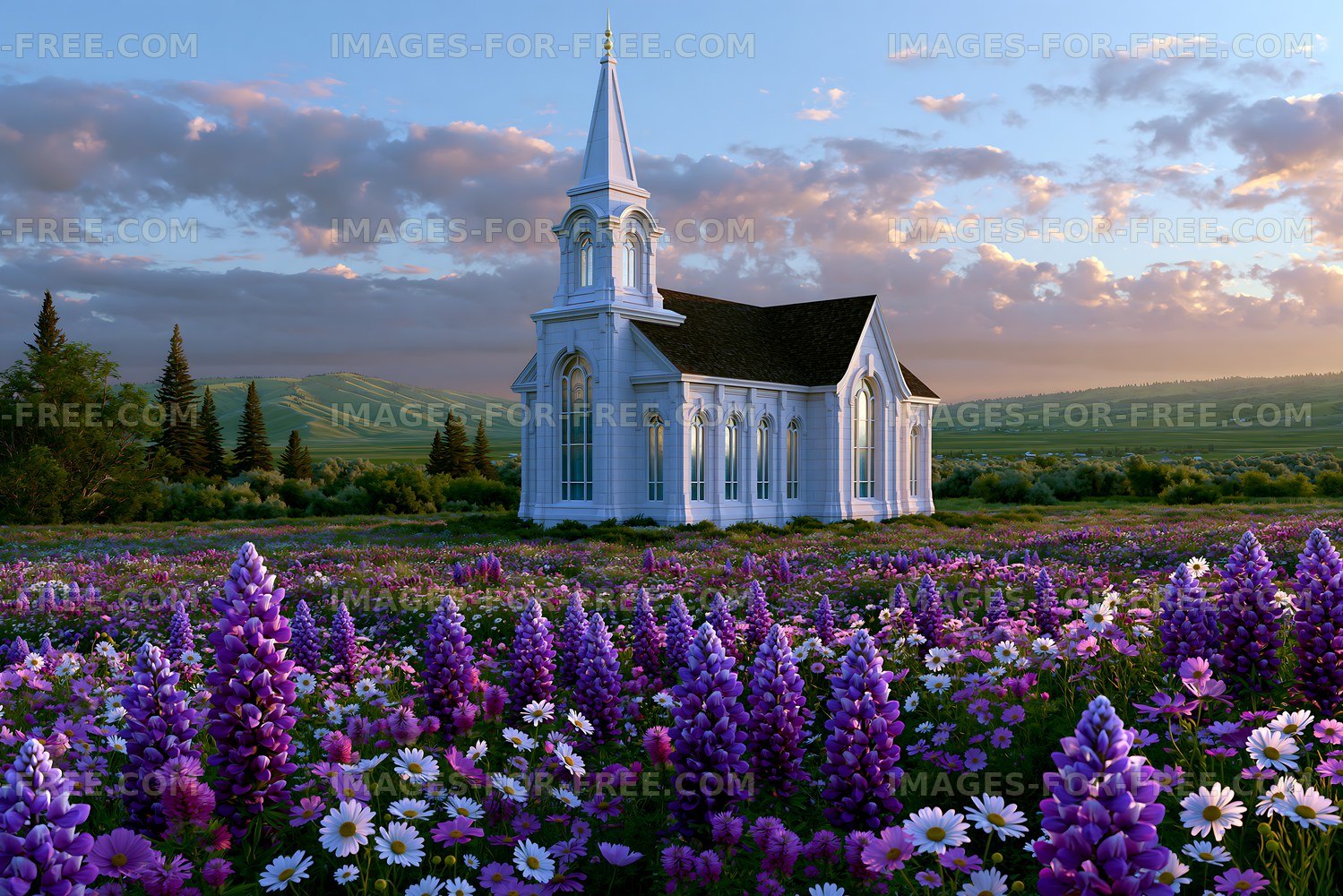 Church surrounded by flowers in a green landscape during daytime