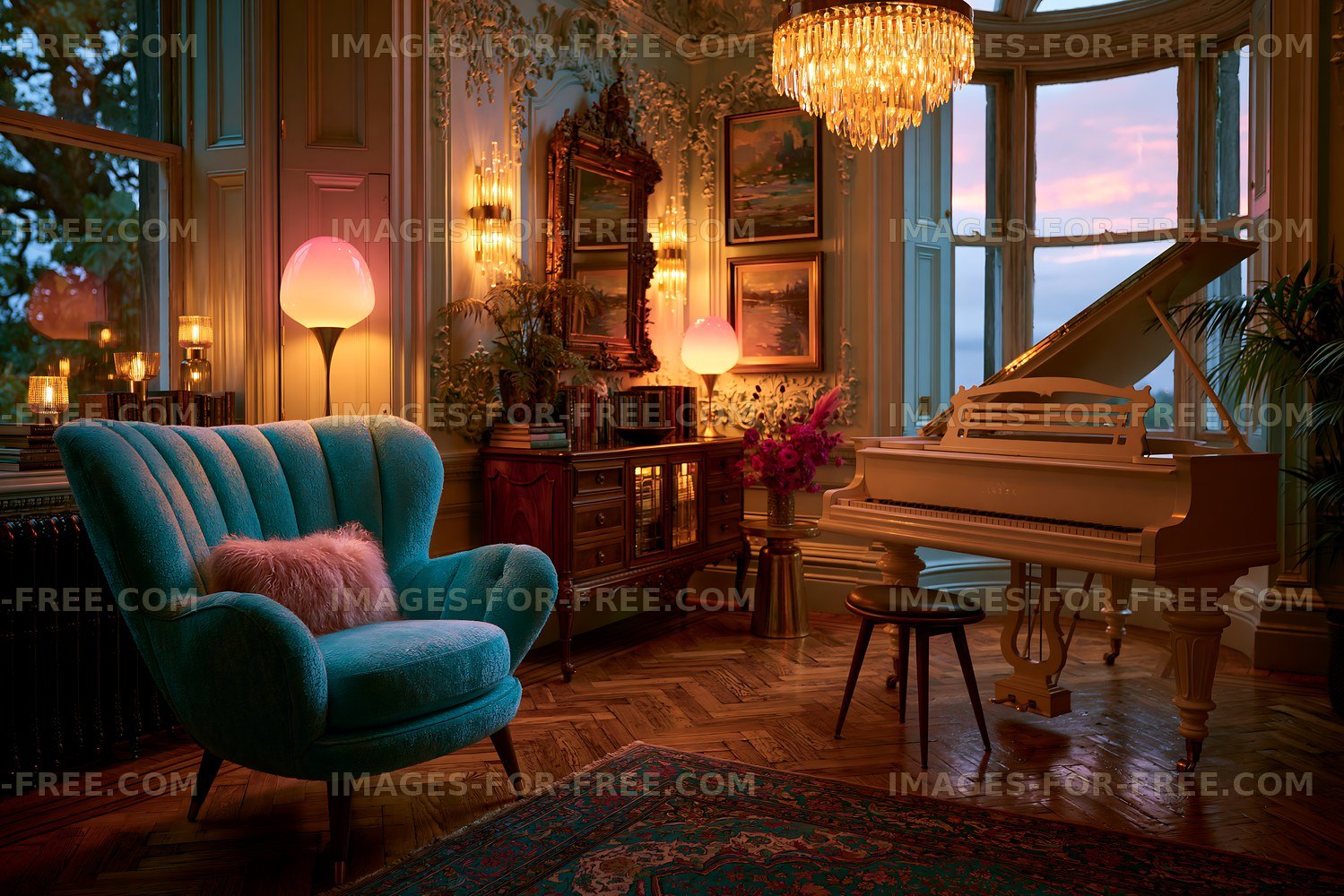 Cozy living room with piano and elegant decor at sunset