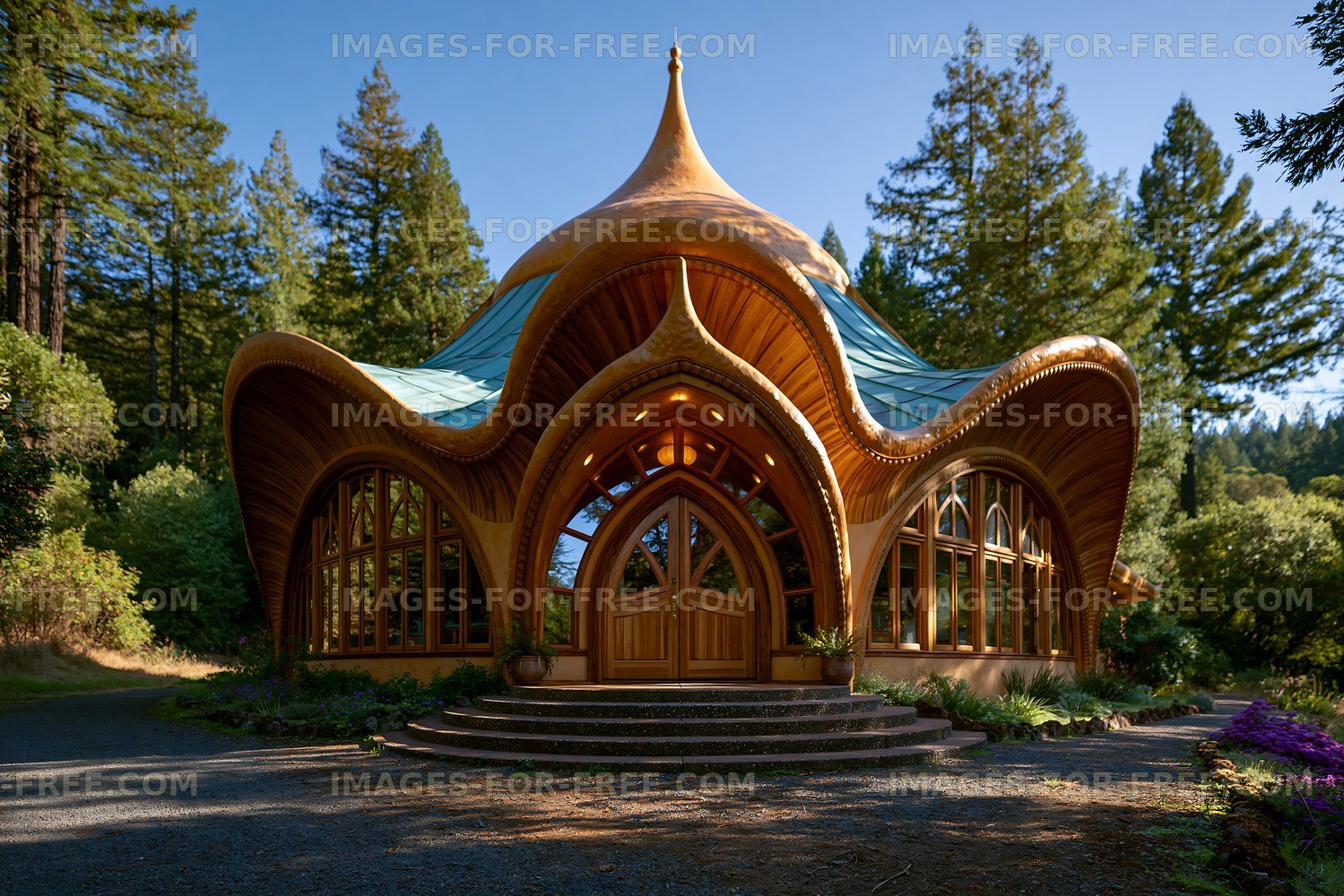 Unique building design in a forest area with natural lighting