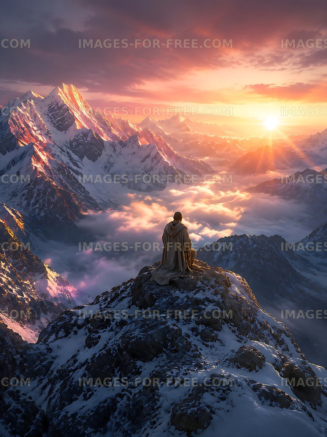 Sunrise over mountain range viewed from high rocky peak