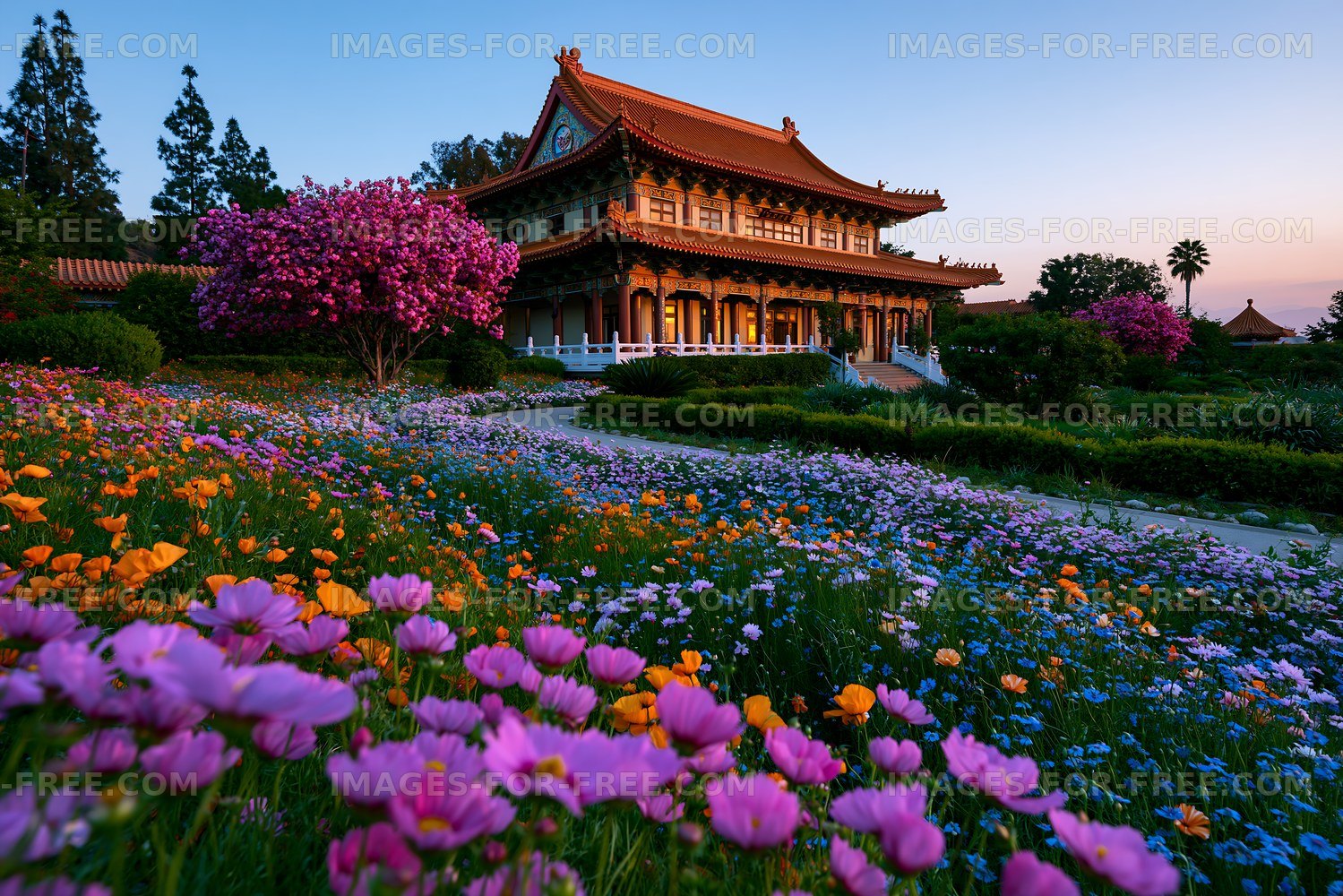 Colorful flowers surround a traditional building at sunset