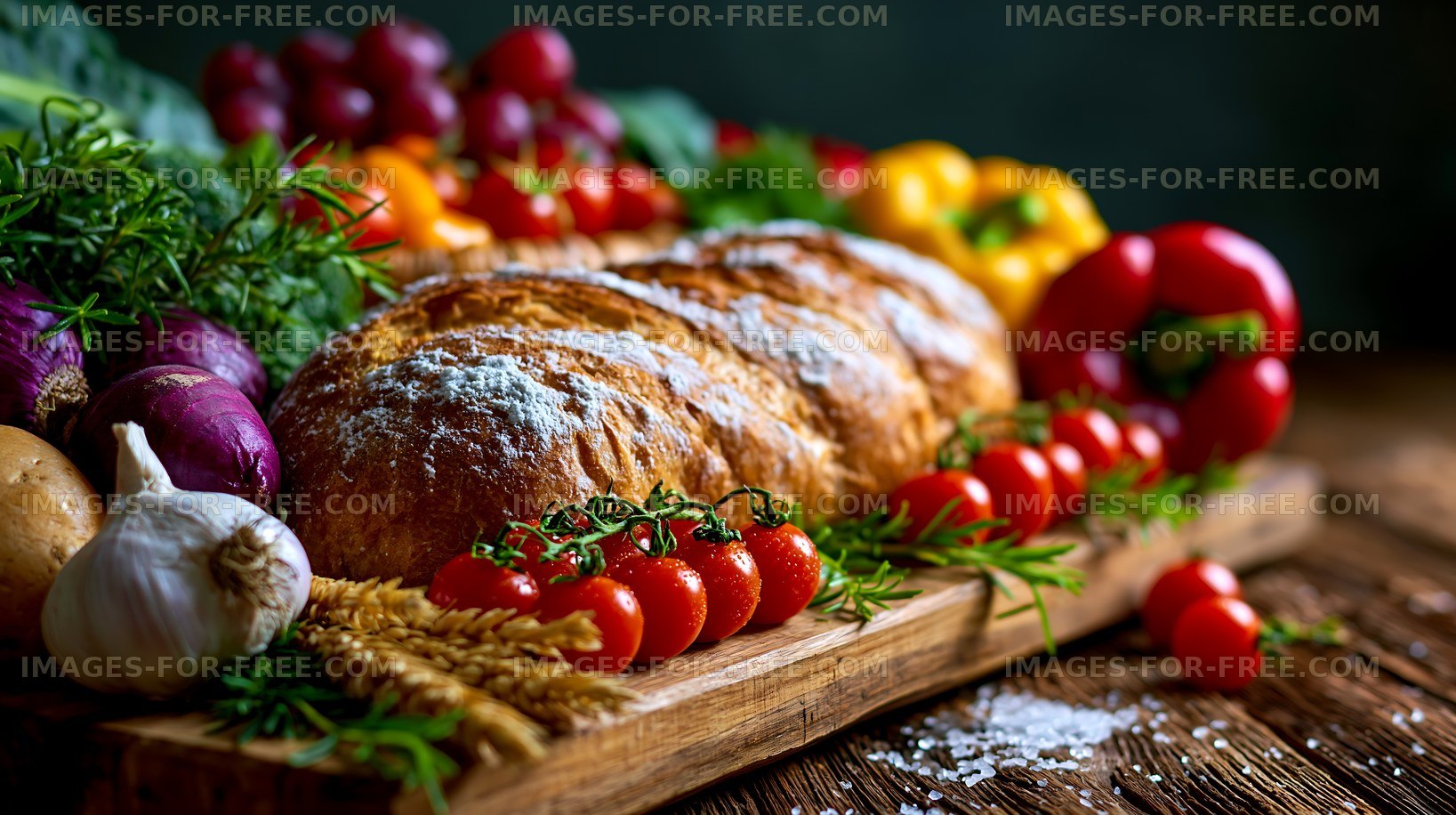 Fresh bread and vegetables on a wooden board