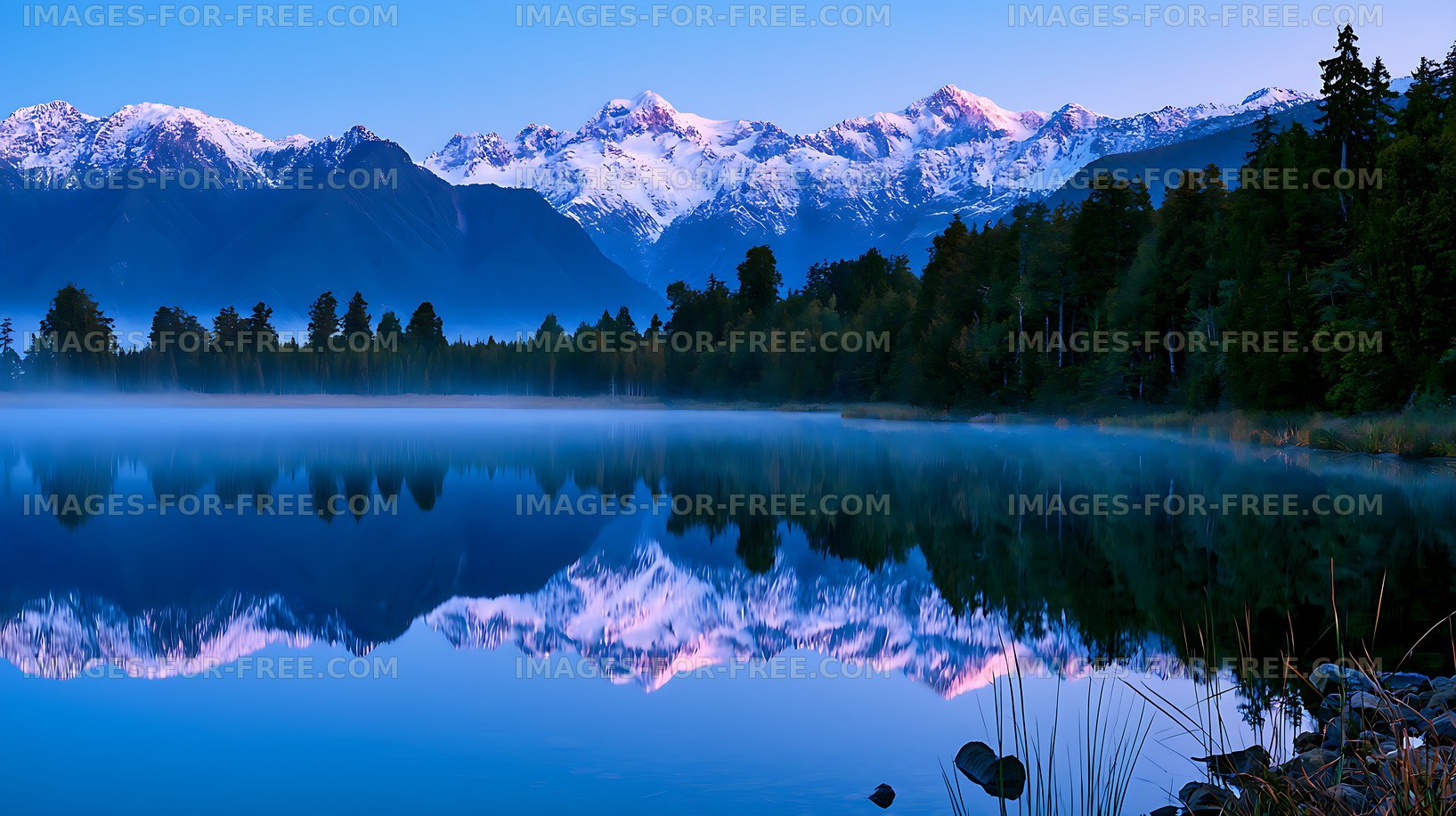 Mountain reflection in still lake at dawn