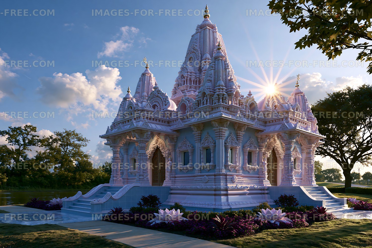 Hindu temple with white architecture at sunset near a lake