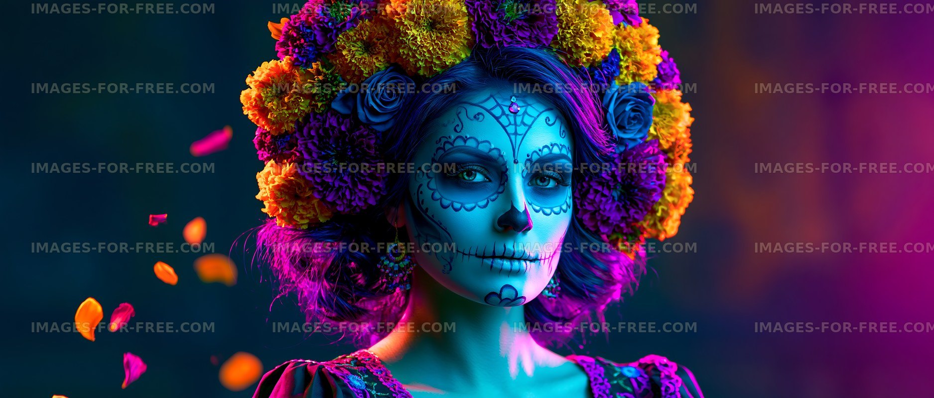 Woman stands in vibrant attire with a flower crown on her head