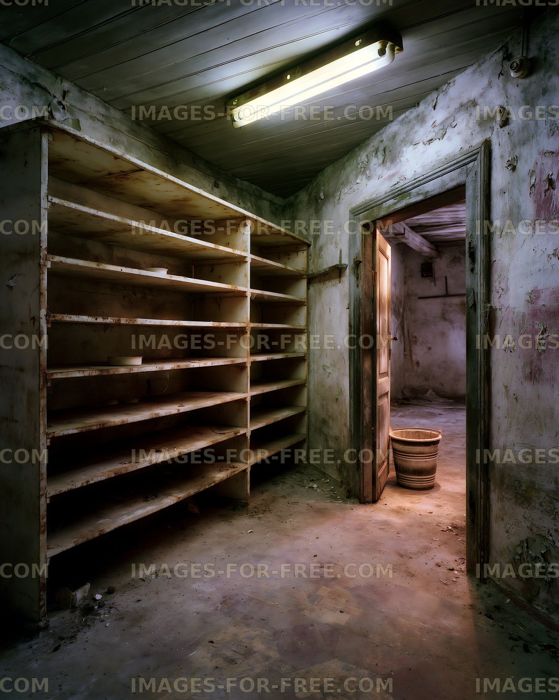 Dark empty room with old shelves and a door