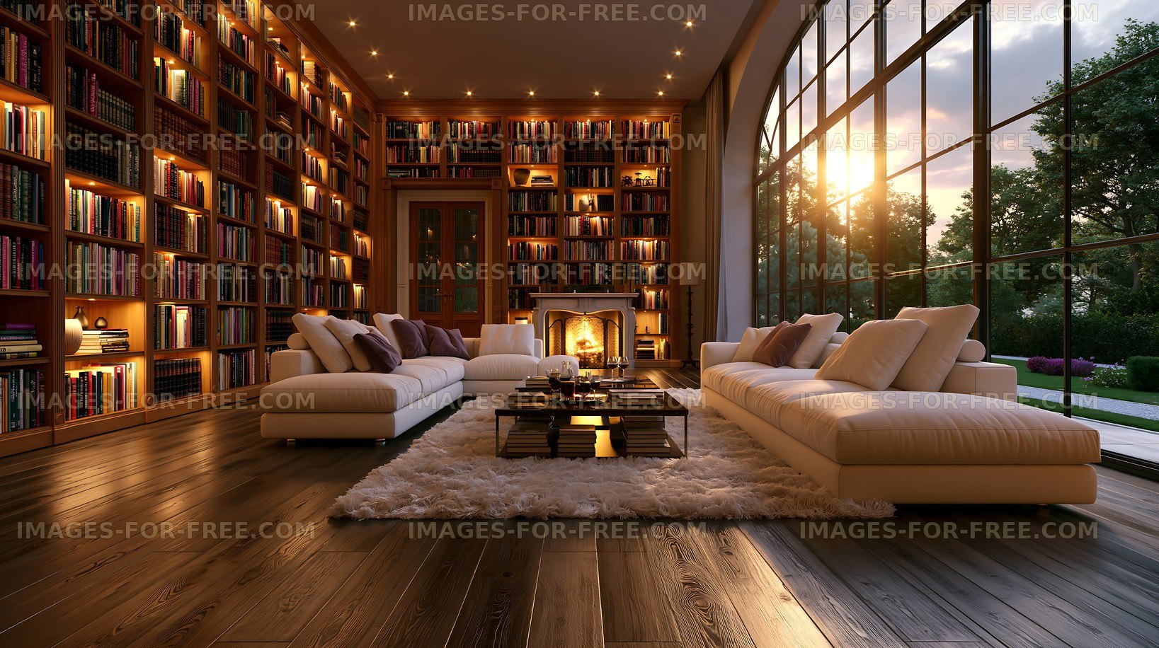 Cozy living room with large windows and a fireplace at sunset