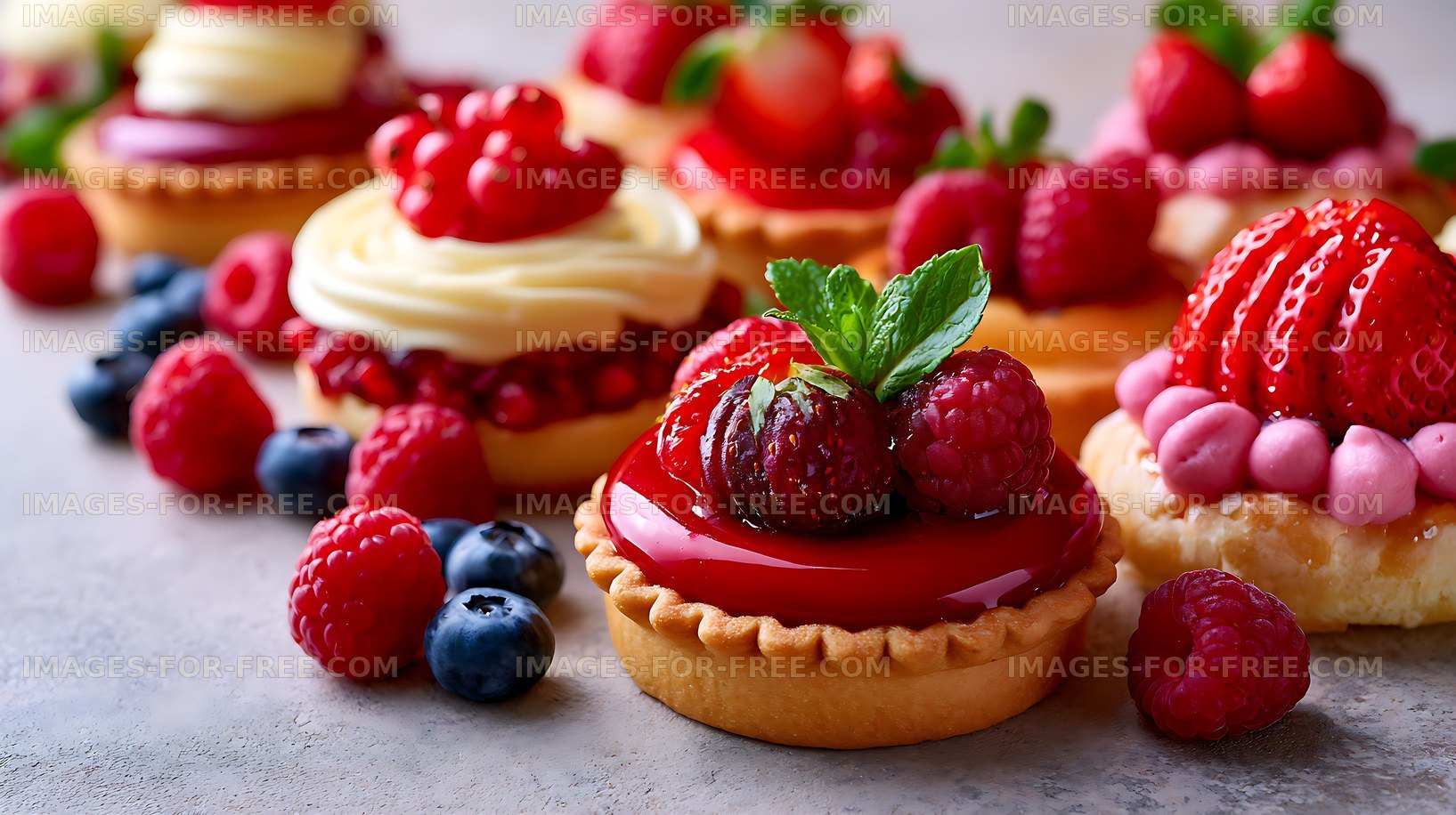Fresh fruit tarts arranged on a gray surface for dessert display