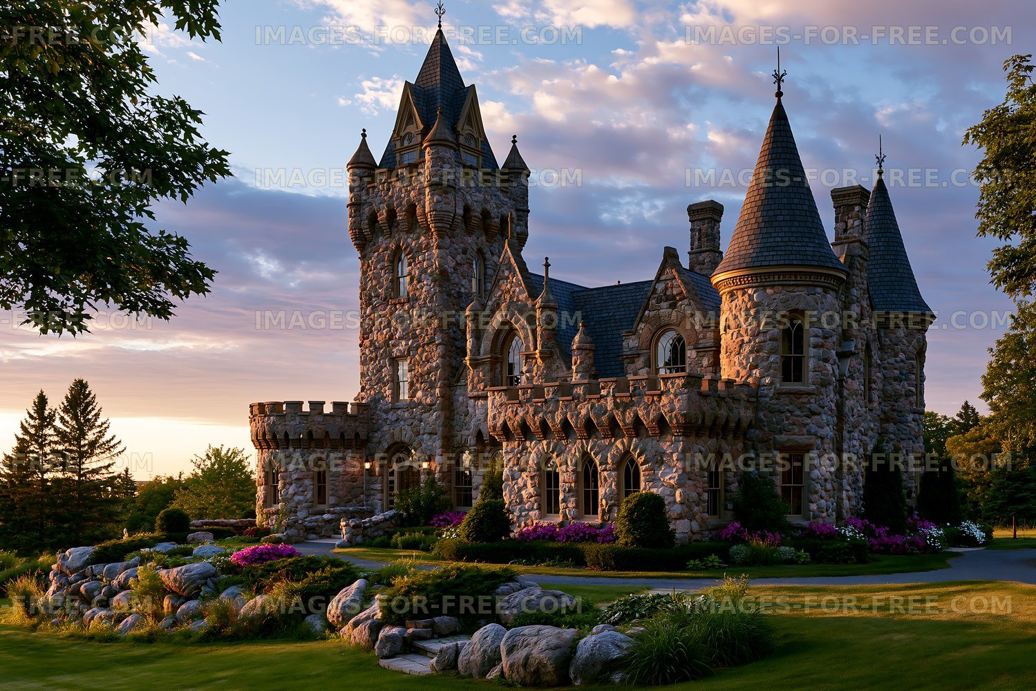 Historic stone castle with towers in sunset light