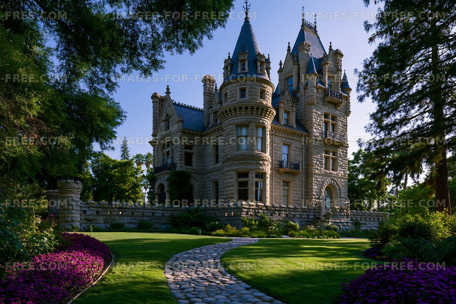 Historic castle with lush garden and stone pathway