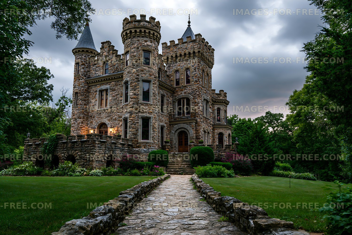 Stone castle with towers surrounded by green trees
