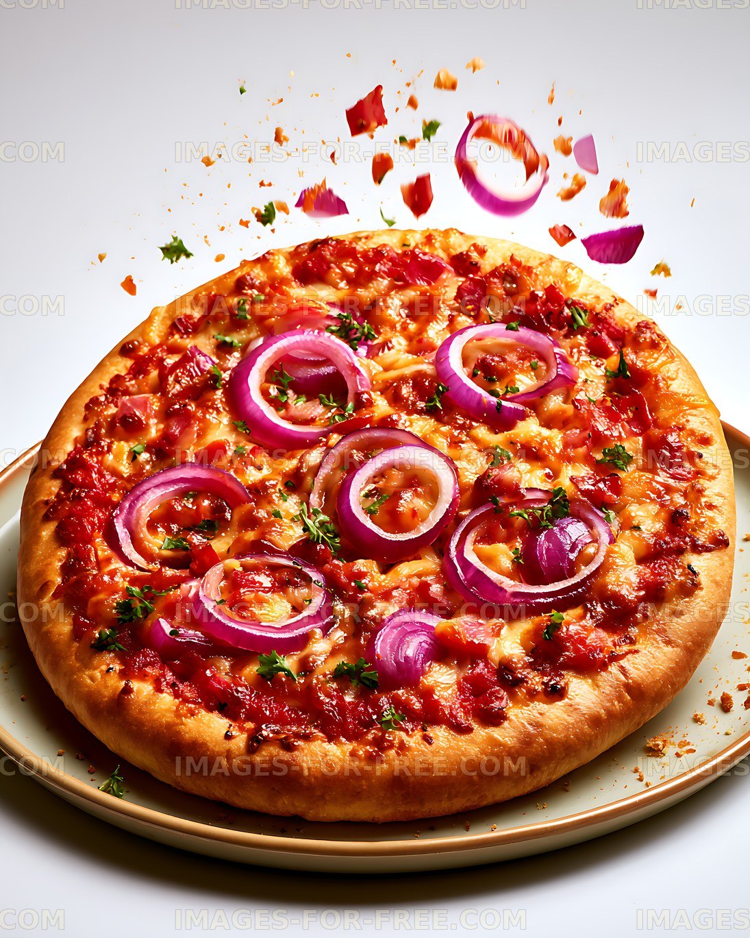Pizza with red onions and herbs on a plate