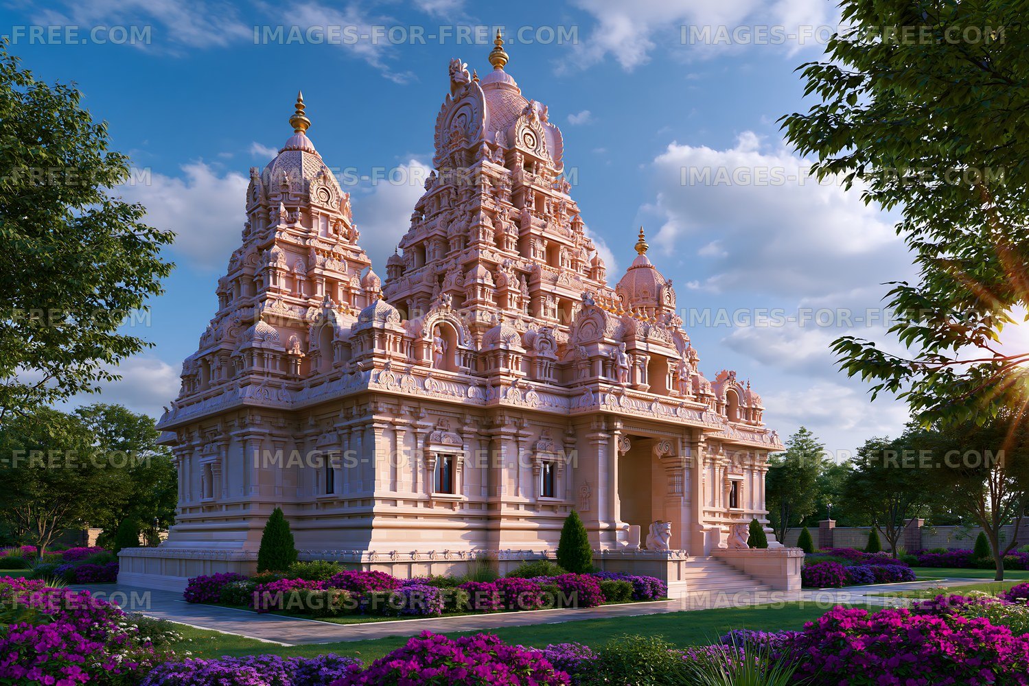 Hindu temple with intricate architecture and colorful flowers
