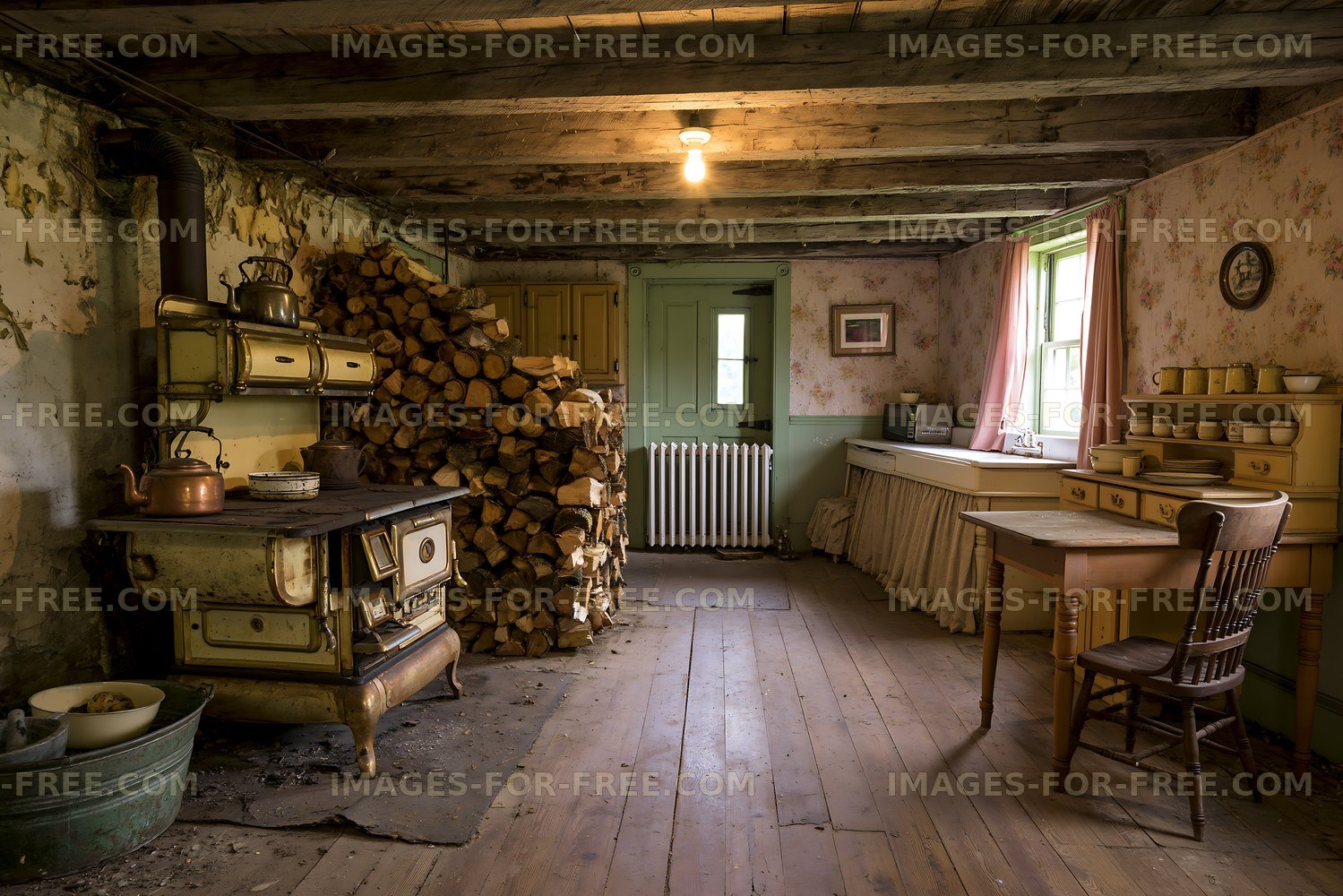 Rustic interior of an old house with stacked firewood and kitchen