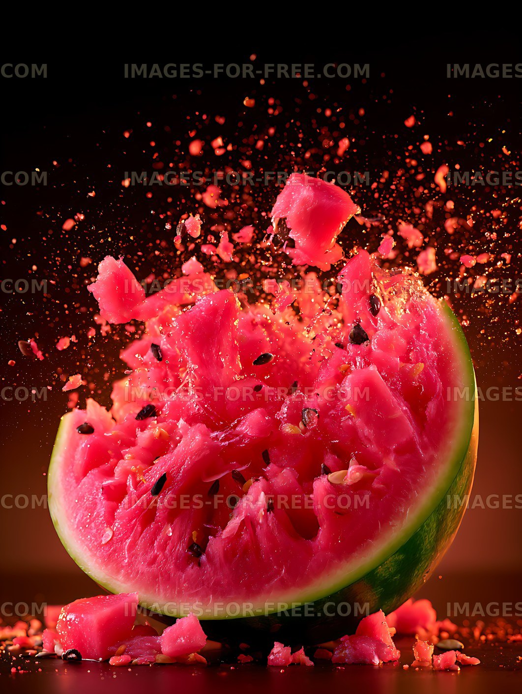 Watermelon piece explodes with red flesh and seeds