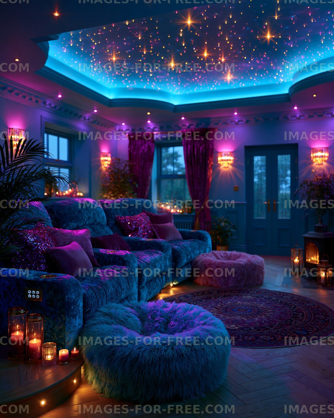 Cozy living room with colorful lighting and soft furnishings