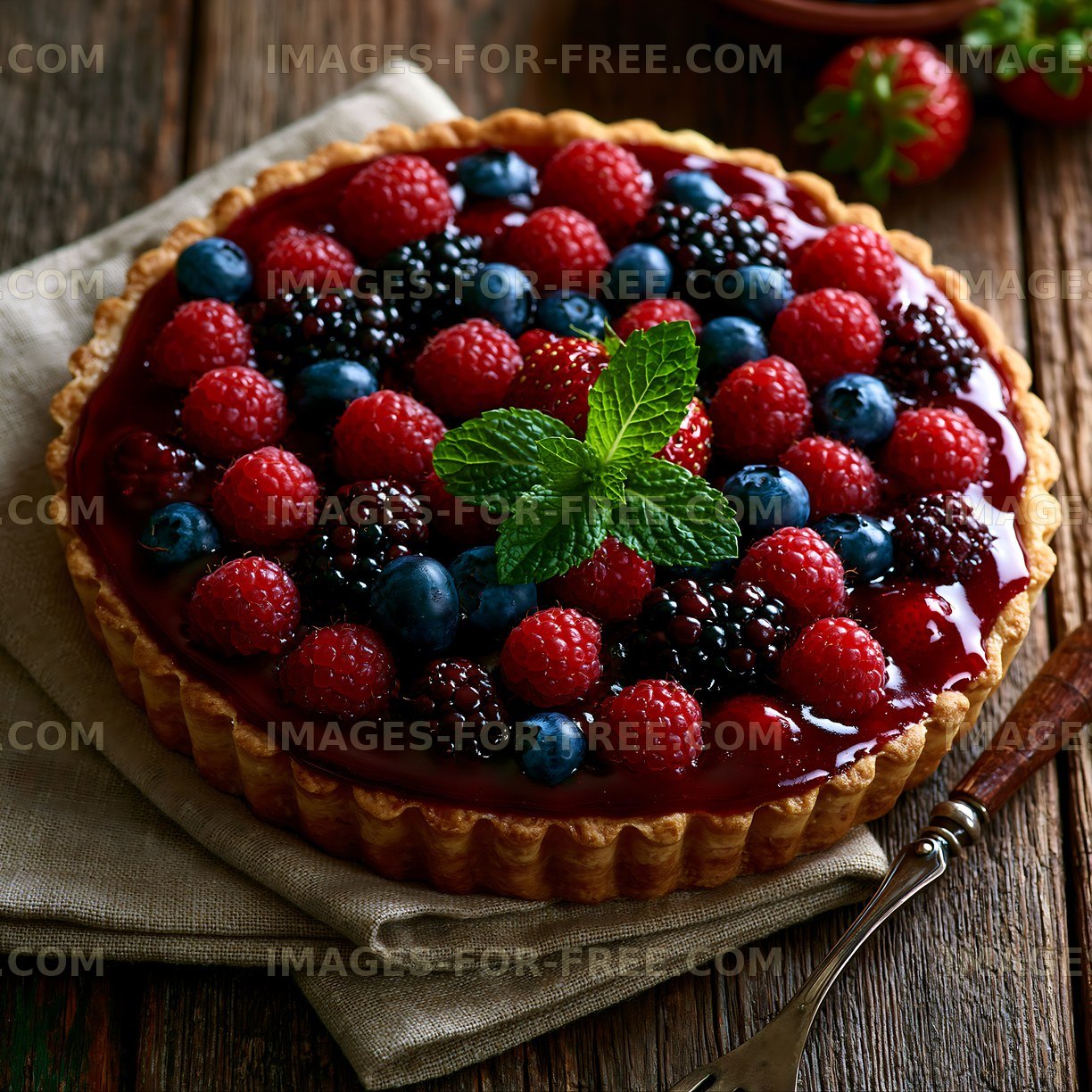 Fresh berry tart with raspberries, blueberries, and blackberries