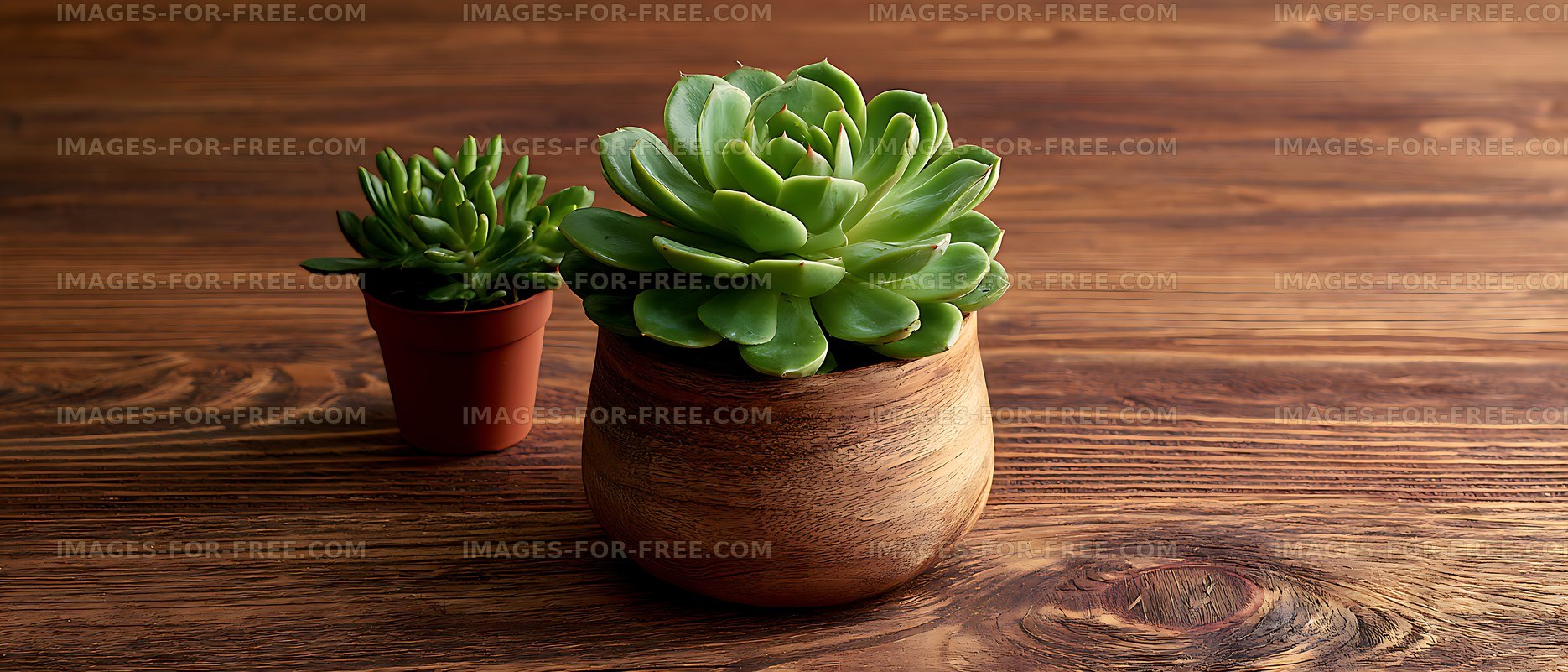 Succulent plants in pots on wooden table