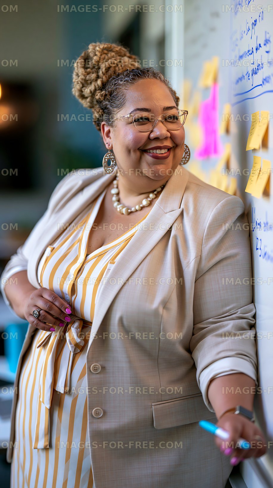Business professional smiling during a meeting with sticky notes