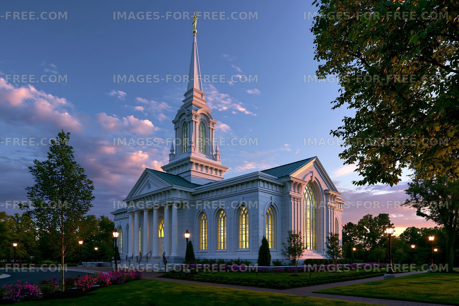 Church building illuminated at dusk with trees and flowers