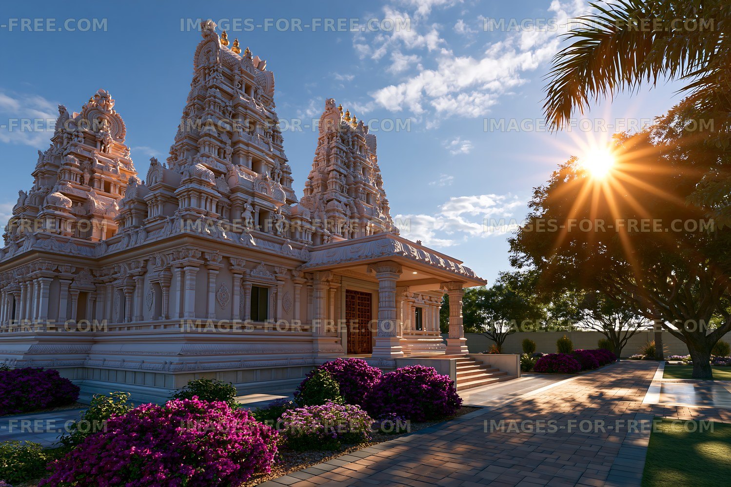 Sunlight shining on temple with detailed architecture and flowers