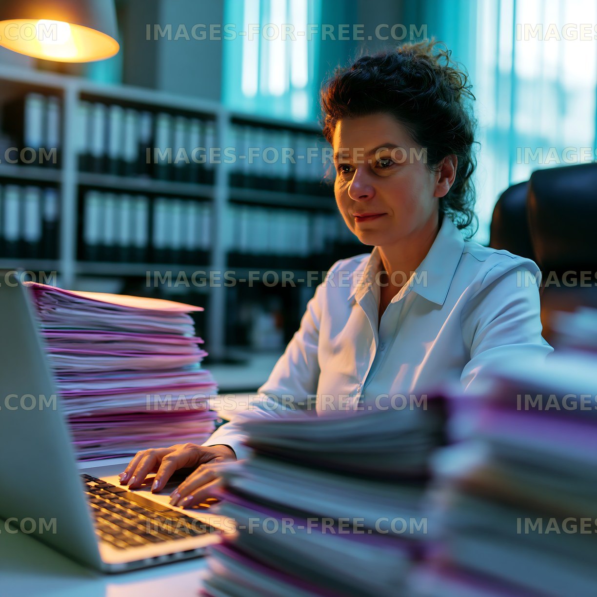 Woman working at desk with stacks of paperwork and laptop