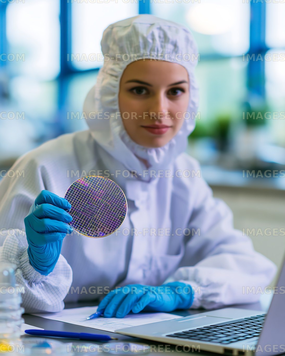 Scientist holds a silicon wafer in a laboratory setting