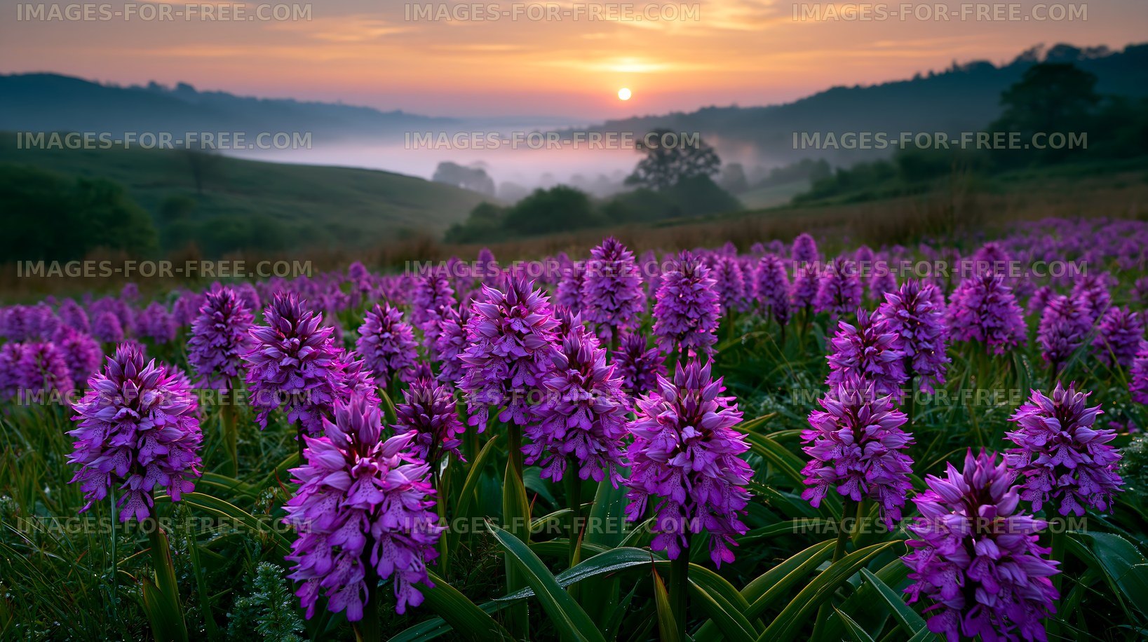 Sunrise over purple flowers in the valley