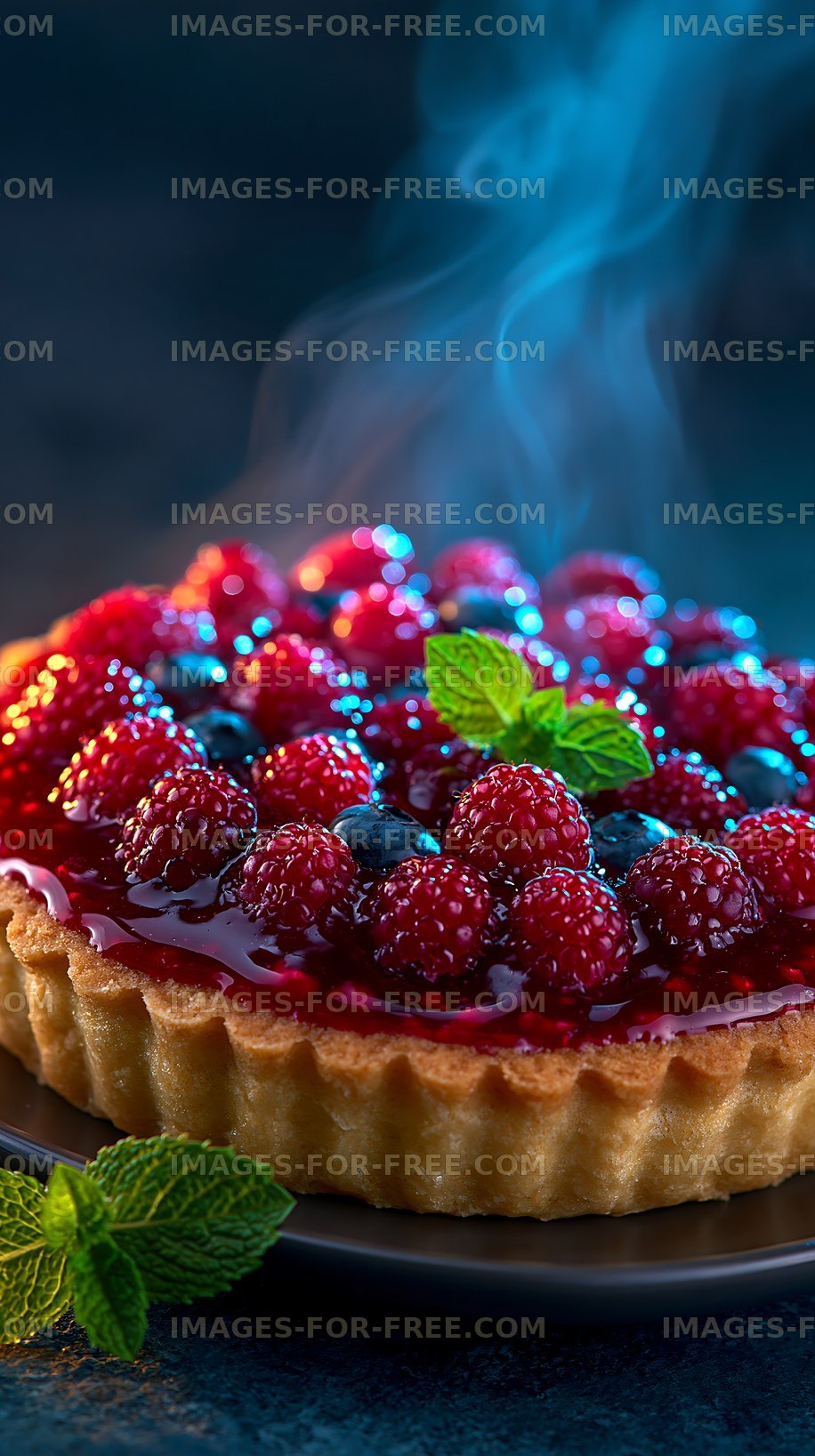 Fresh raspberry tart with steaming glaze on a dark background
