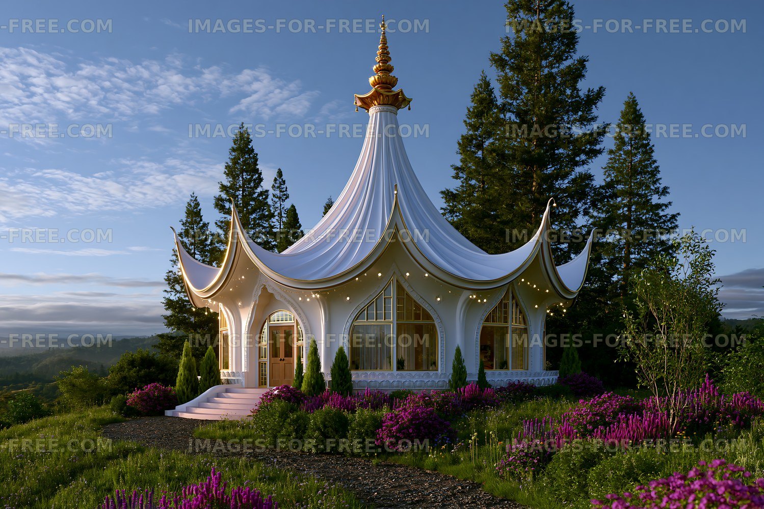 Garden structure with unique architecture surrounded by trees