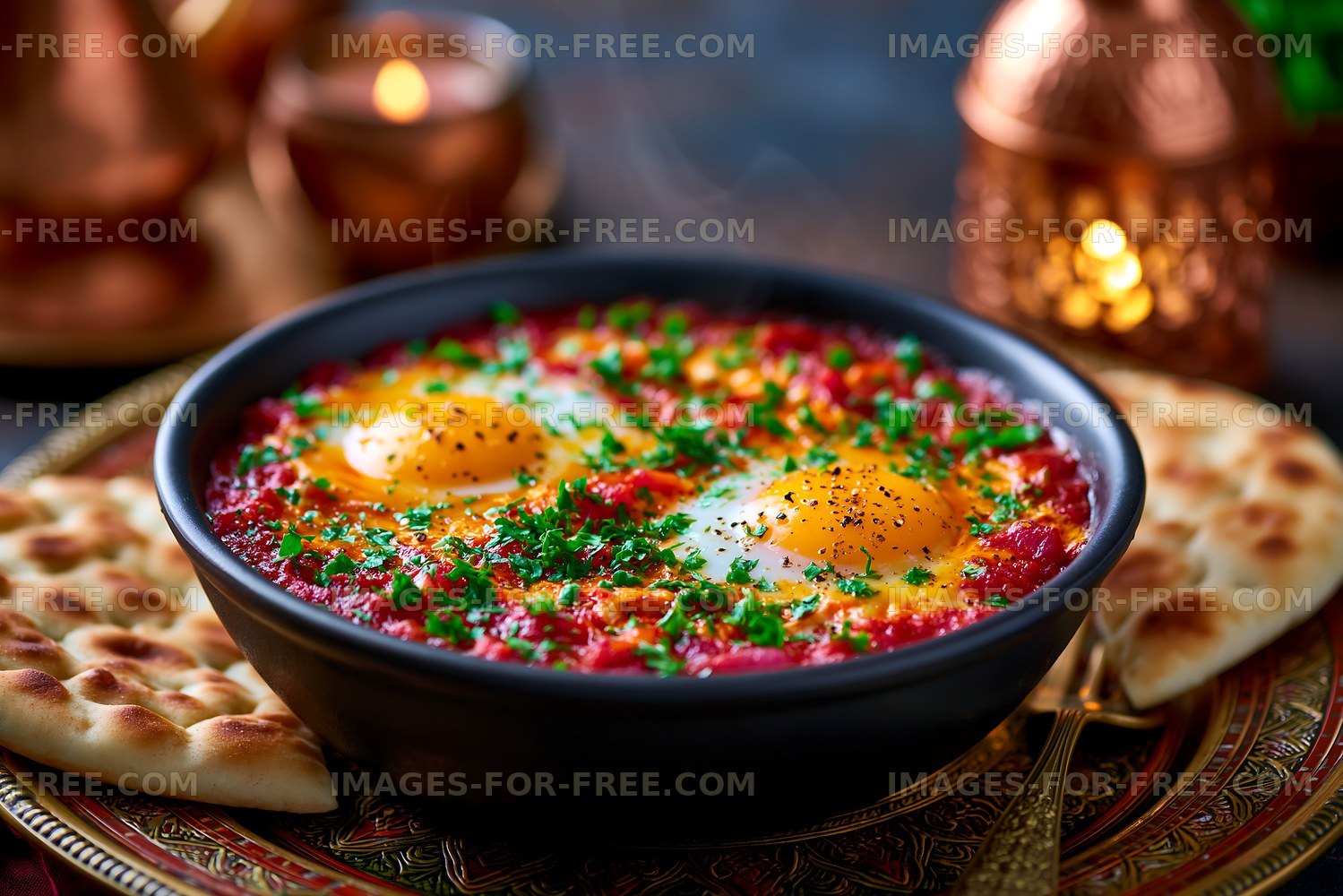 Eggs and bread on a decorated table with warm lighting