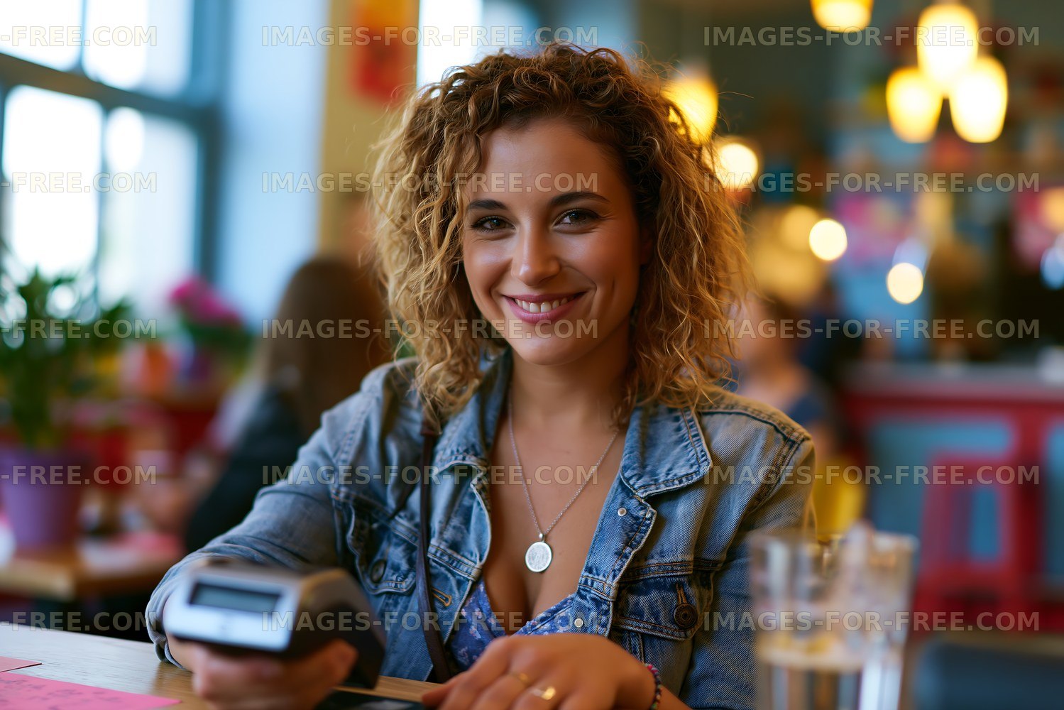 Woman smiling while sitting in a cafe holding a device