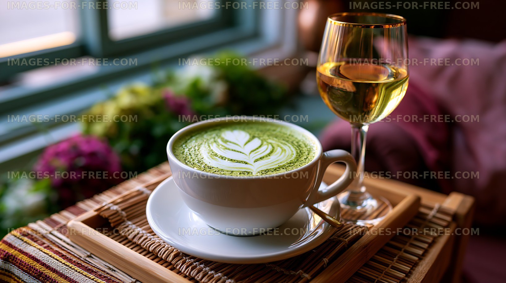 Matcha latte with leaf design and glass of wine on wooden tray