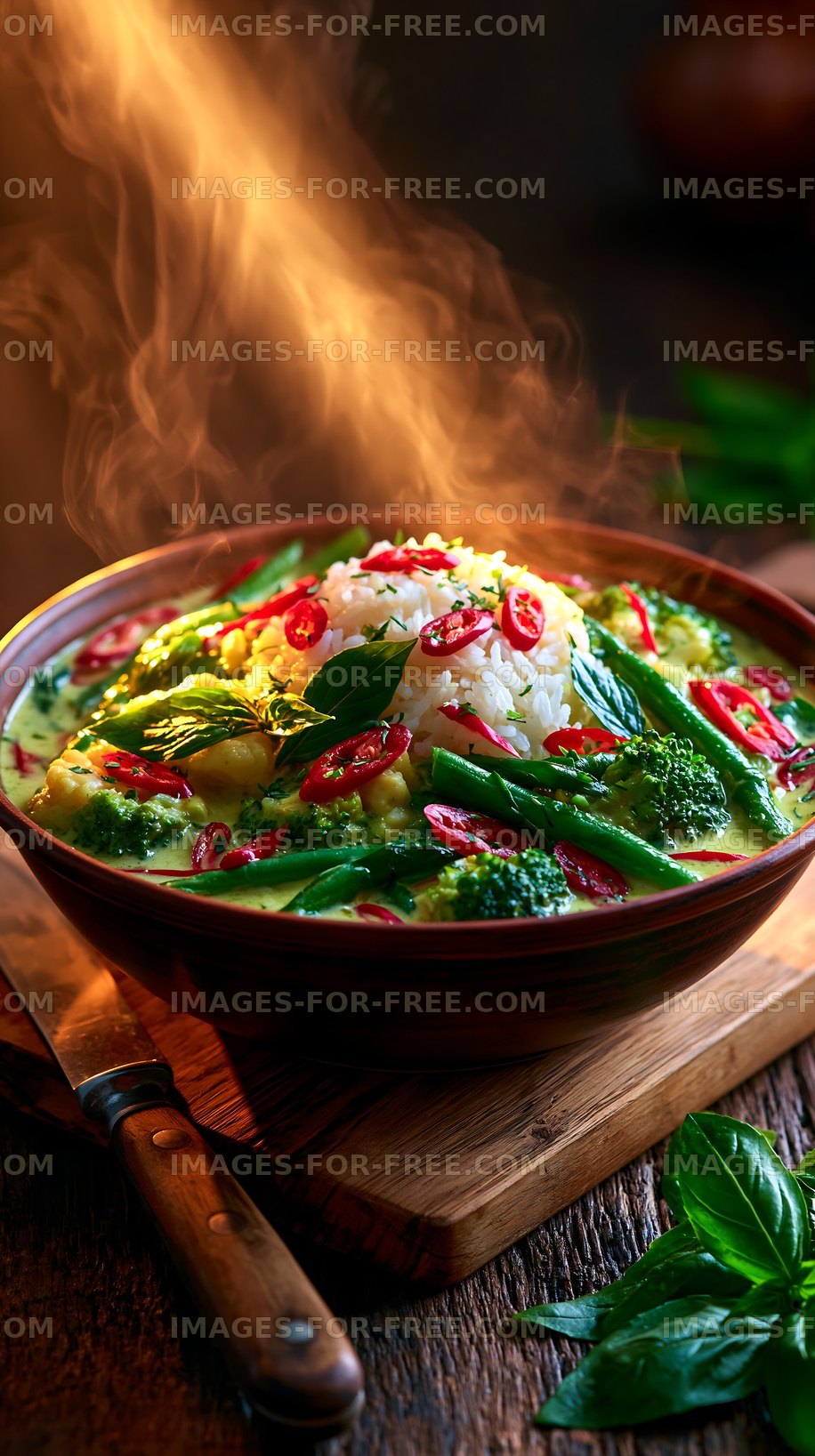 Steaming bowl of vegetables and rice on a wooden table