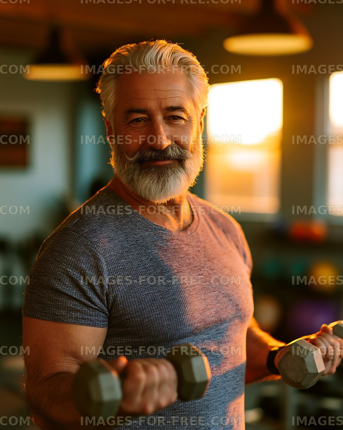 Older man lifts dumbbells in a gym during sunset