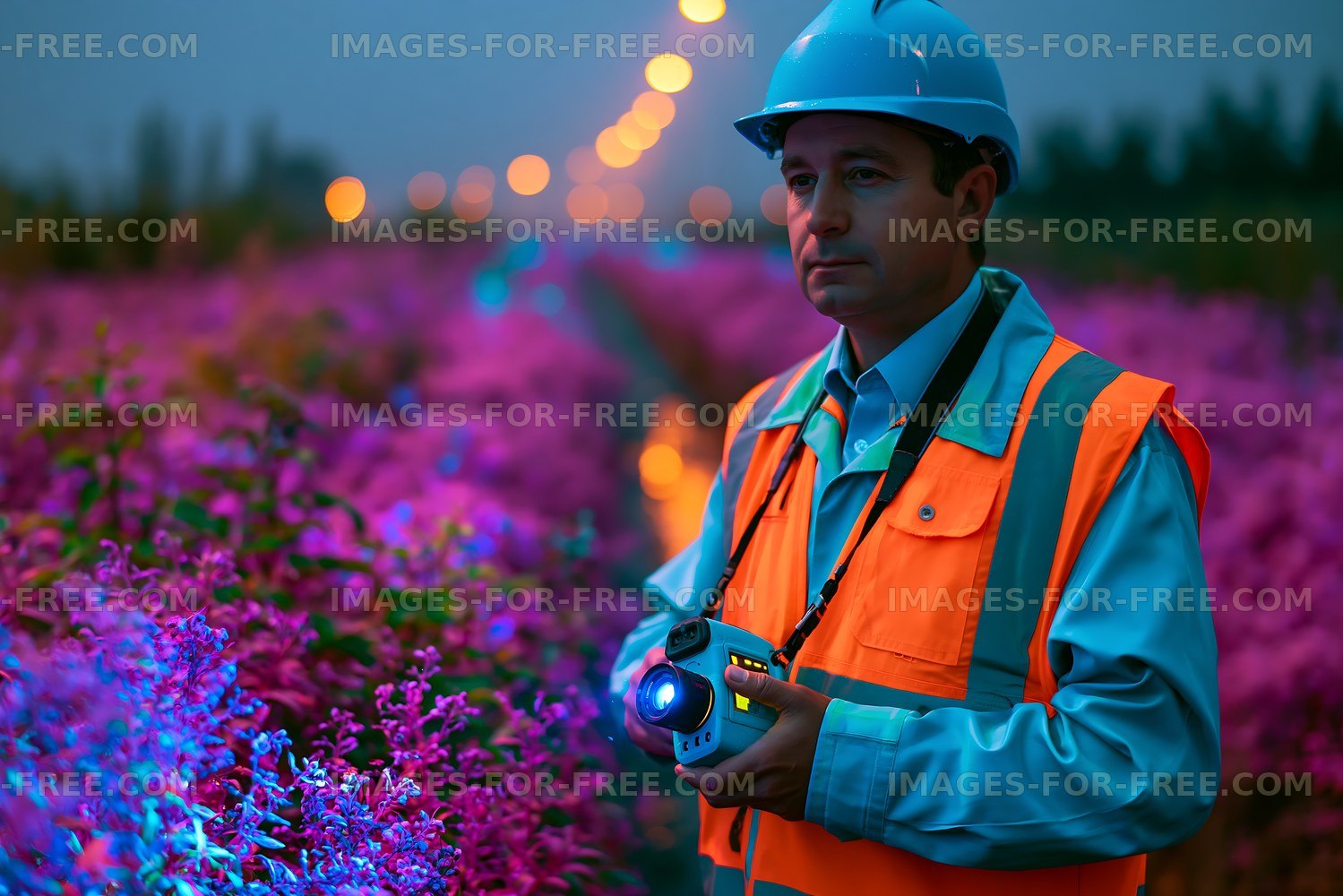 Photographer capturing flowers during dusk with blue light