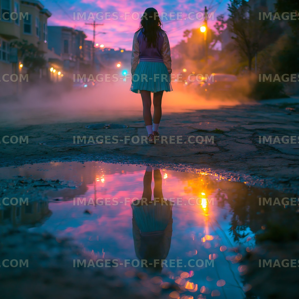 Girl walking on street with puddle reflection at dusk