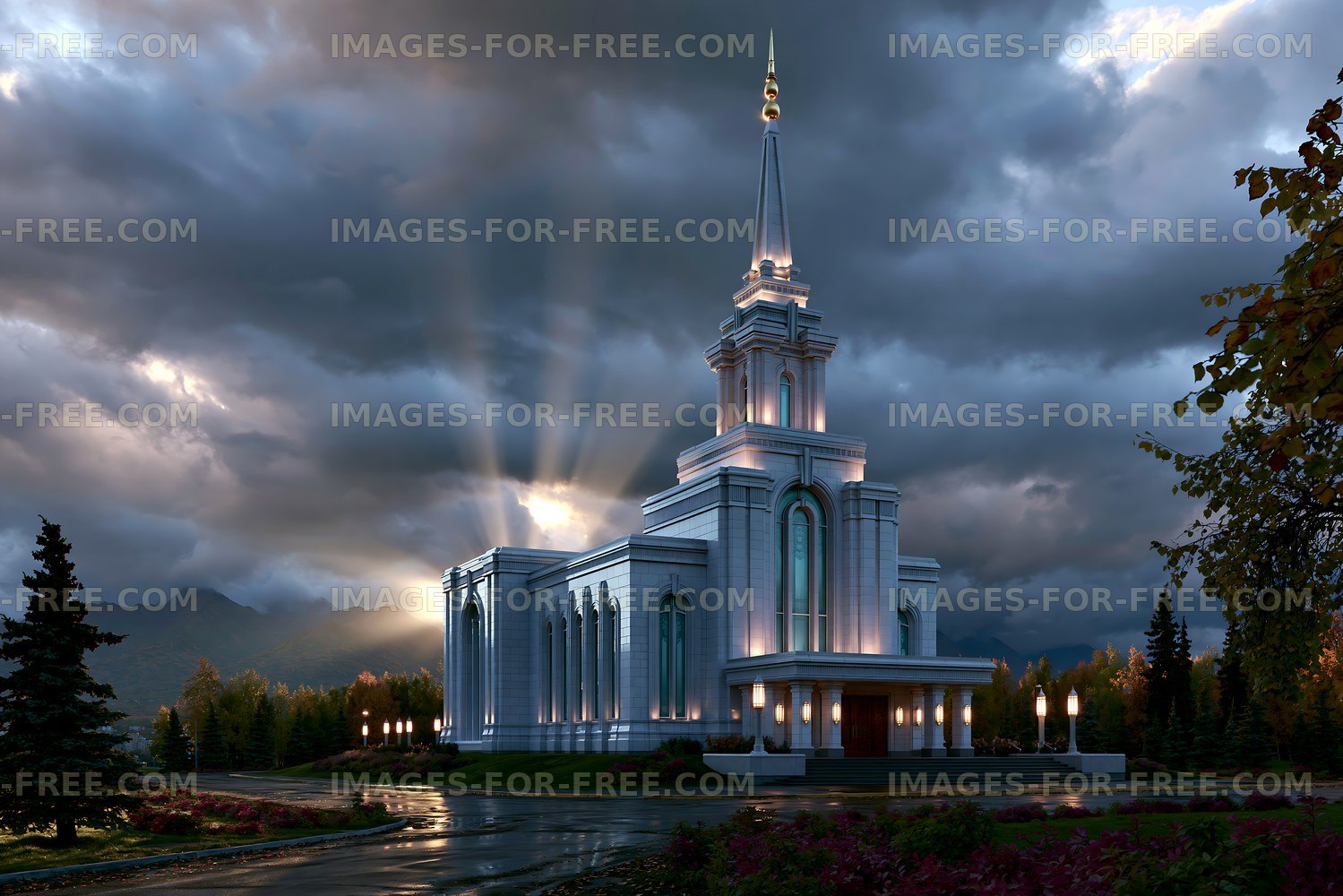 Light shines on a white church under cloudy skies