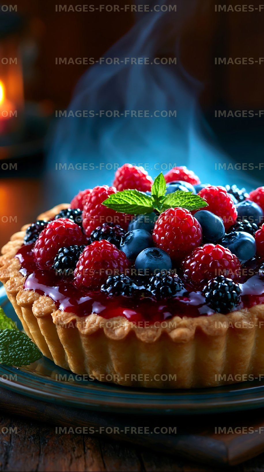 Berry tart on a plate with smoke rising