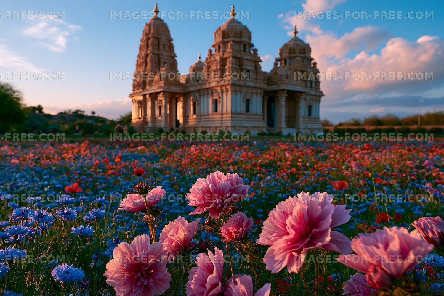 Flowers bloom in front of temple in the evening light