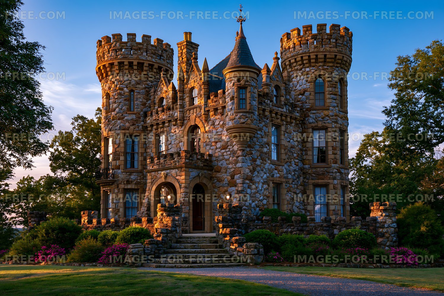Castle with stone walls and towers during sunset