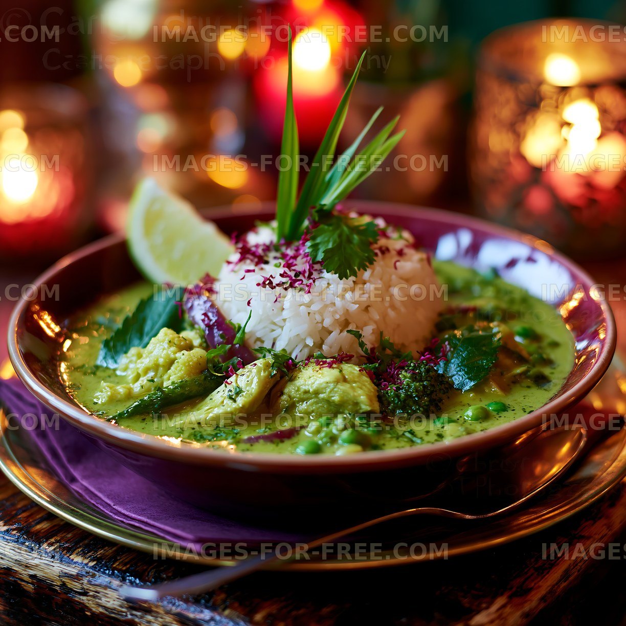 Bowl of green curry with rice and herbs on a table
