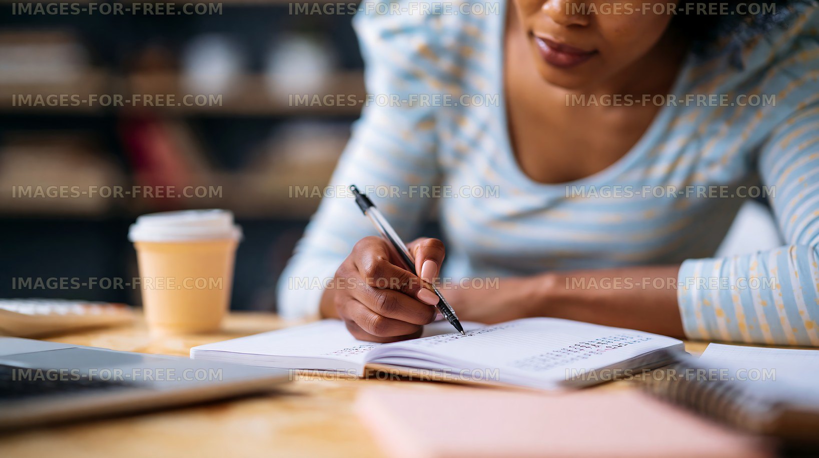 Woman writing notes in a notebook at a wooden table with a laptop