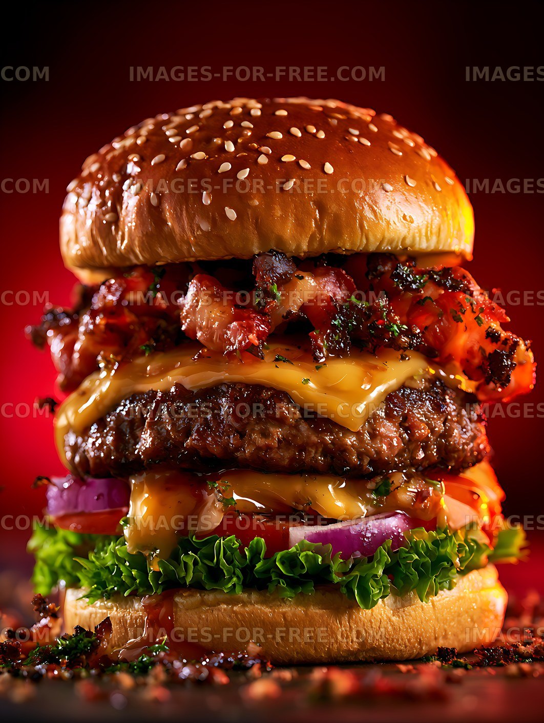 Juicy burger with layers of cheese, bacon, and fresh vegetables