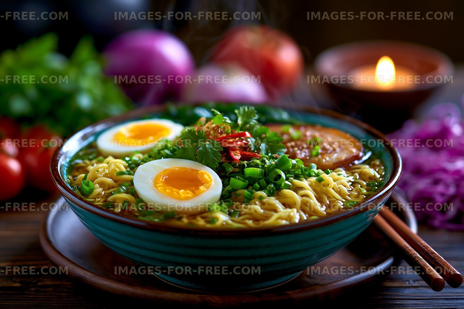 Warm bowl of noodles with eggs and fresh toppings on wooden table