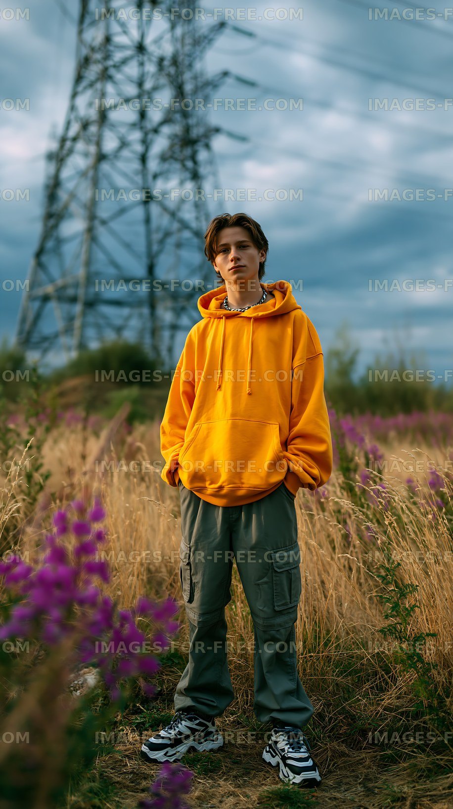Teen standing in a field of flowers near power lines