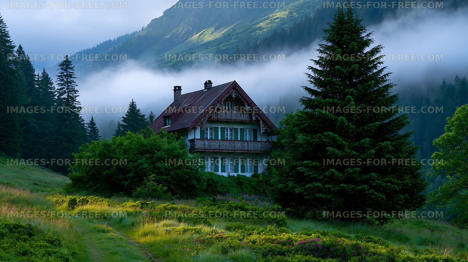 Fog surrounds a house in the mountains during early morning hours