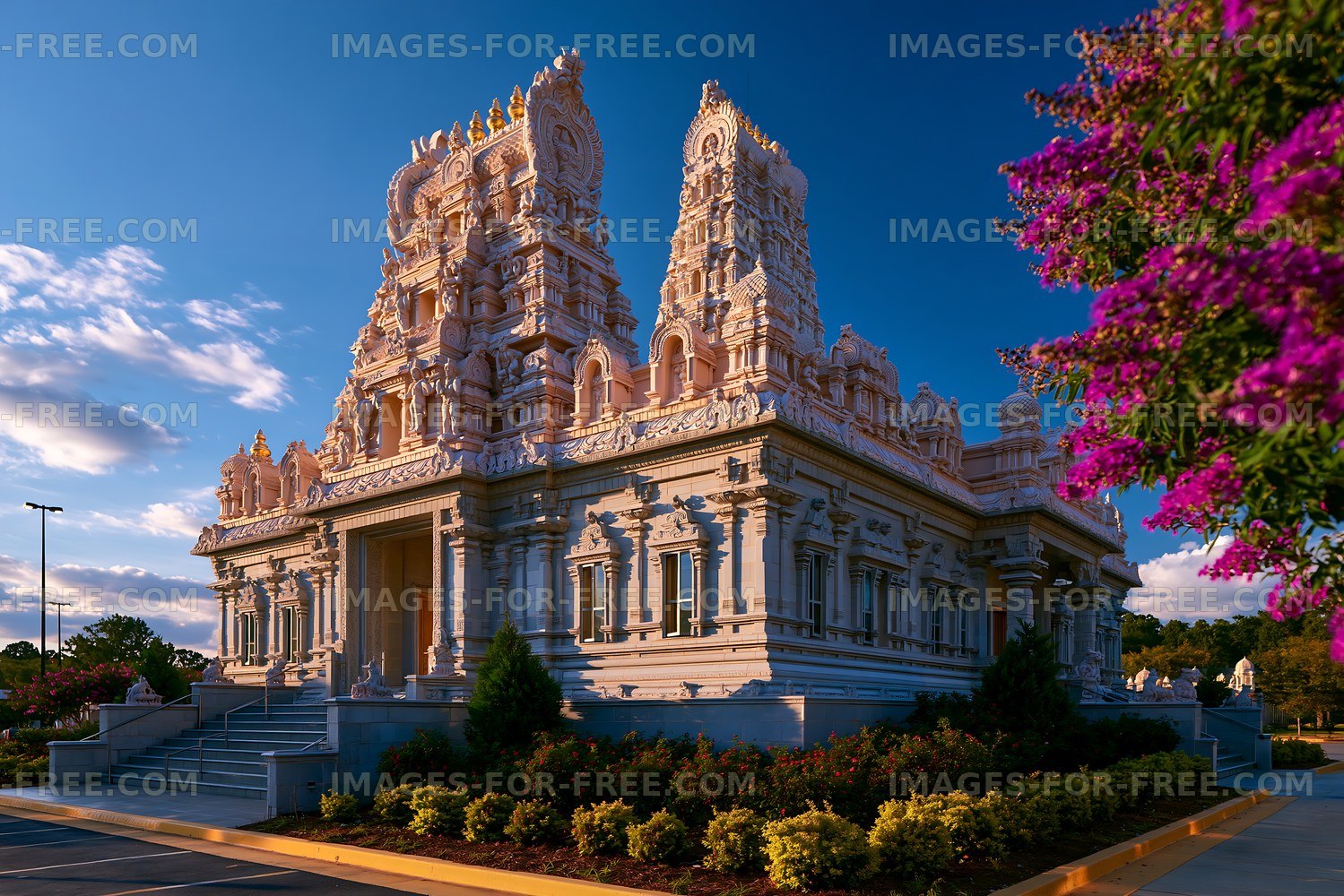 Hindu temple with detailed architecture and surrounding flowers